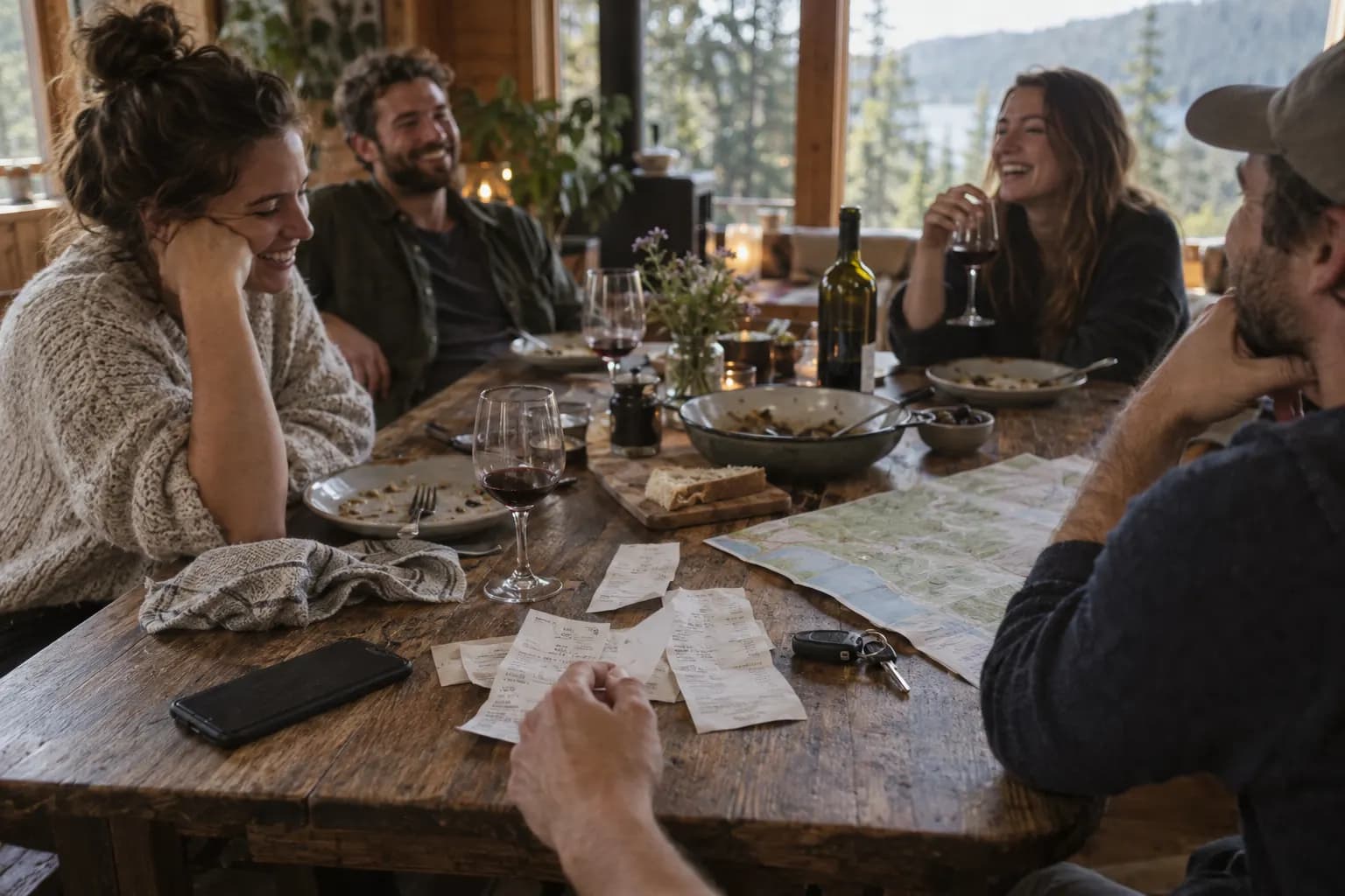 Friends around a cabin table after dinner, with receipts on the table